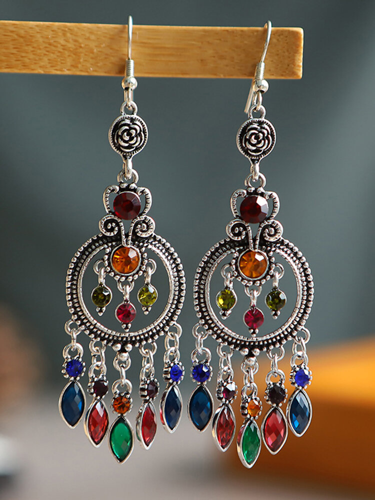 Vintage Bohemian Carved Hollow Round-shaped With Leaf-shaped Tassel Alloy Earrings