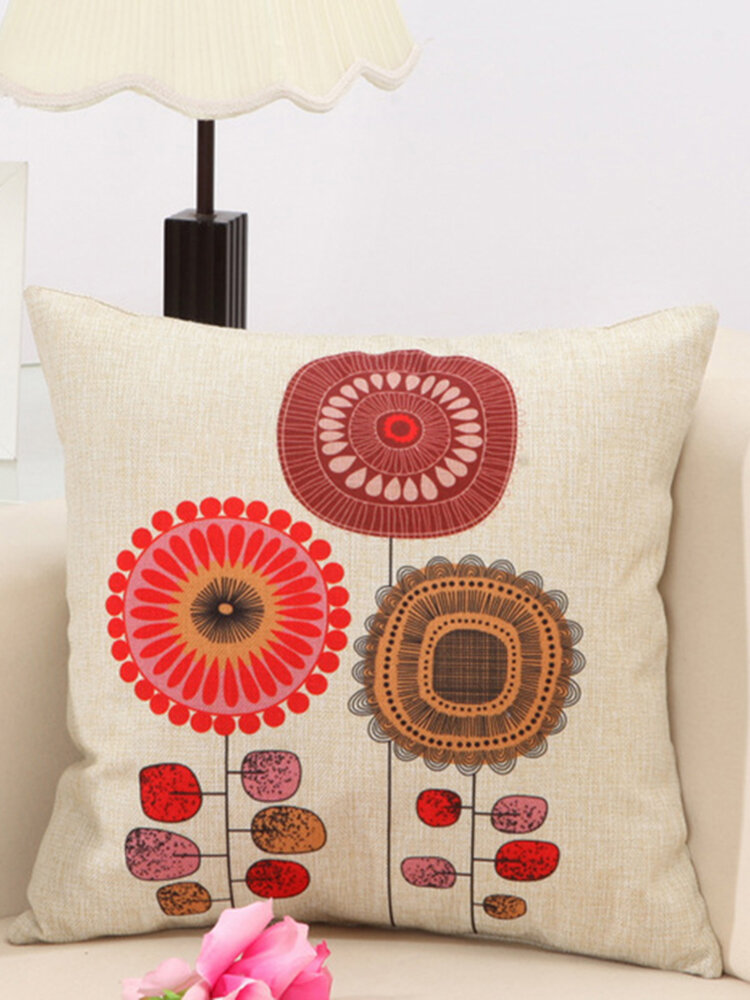 Concise Style Flower Pattern Decoration Cushion Cover Square Linen Pillowcase