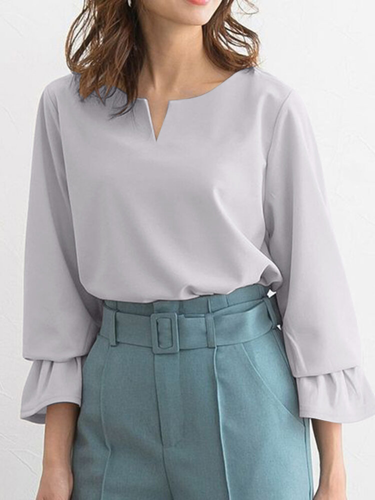 Women Solid Notched Neck Casual Long Sleeve Blouse