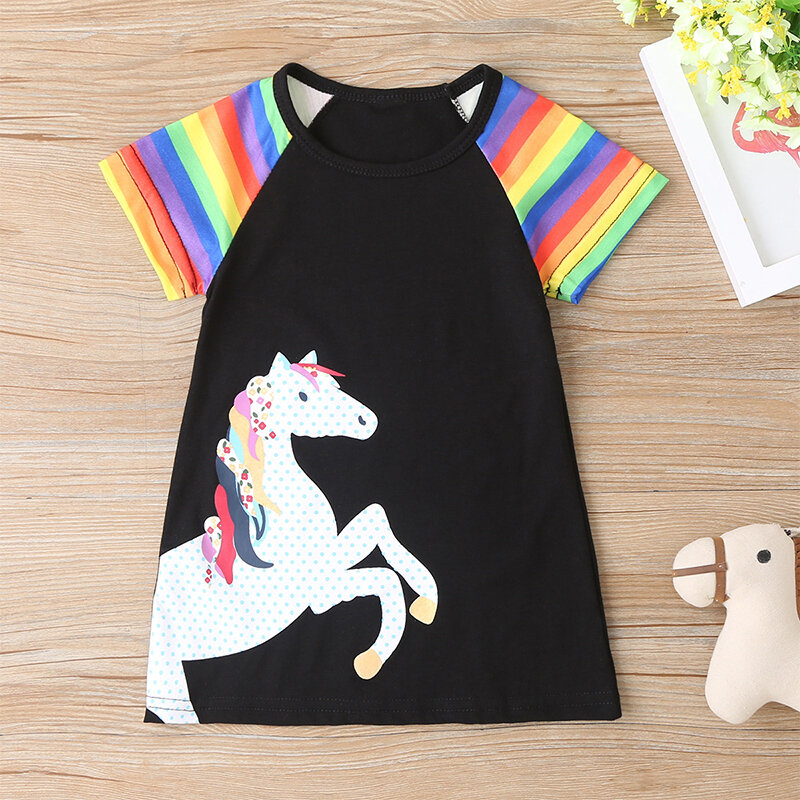 

Girl's Unicorn Striped Print Patchwork Short Sleeves Casual Dress For 1-8Y, Black