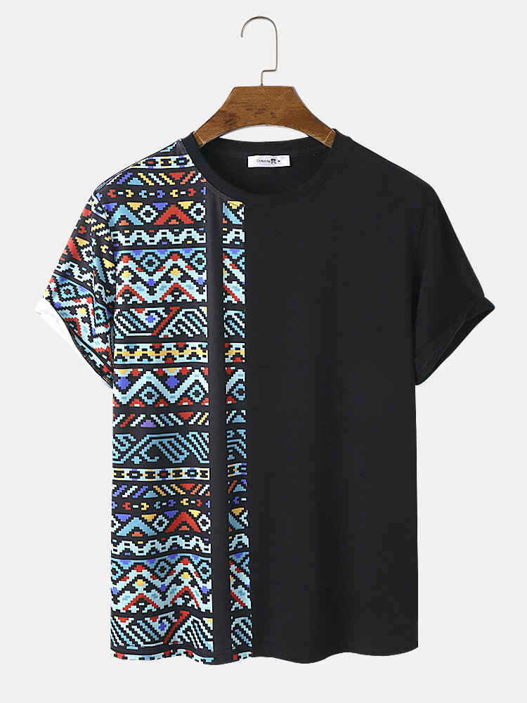 Camisetas masculinas manga curta com estampa geométrica patchwork étnica Colorful