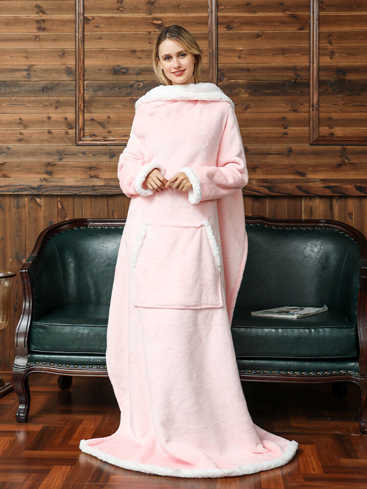 

Fleece Hoodies Blanket With Sleeves Outdoor Warm Soft Hoodie Front Pocket Hedging TV Flannel Blanket, Pink