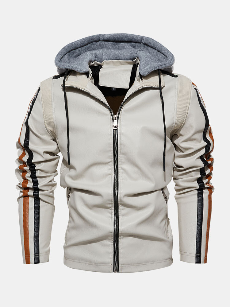 Mens Contrast Side Stripe PU Leather Zipper Casual Hooded Jackets