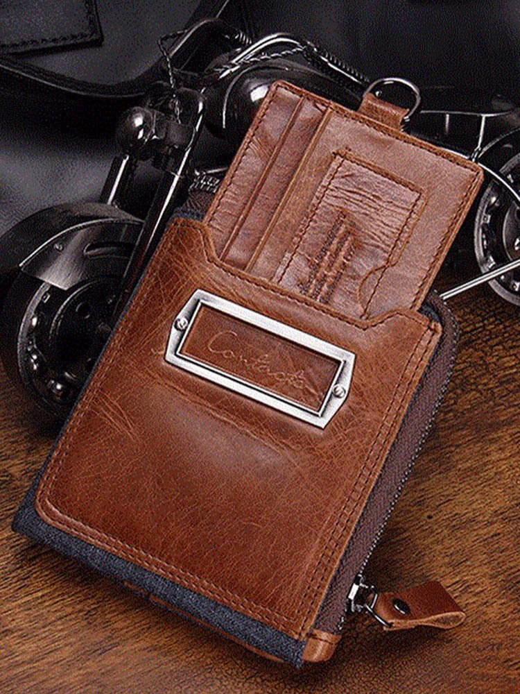 Men Genuine Leather Removable Anti-theft Money Clip RFID Photo Case Coin Purse Wallet