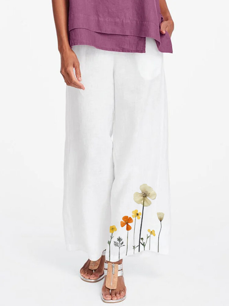 Flower Print Wide Leg Elastic Wiat Casual Pants For Women