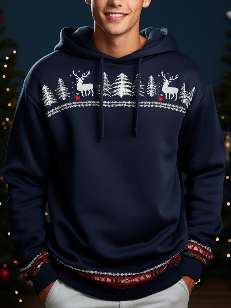 

Mens Christmas Elk Print Long Sleeve Loose Drawstring Hoodies, Dark blue