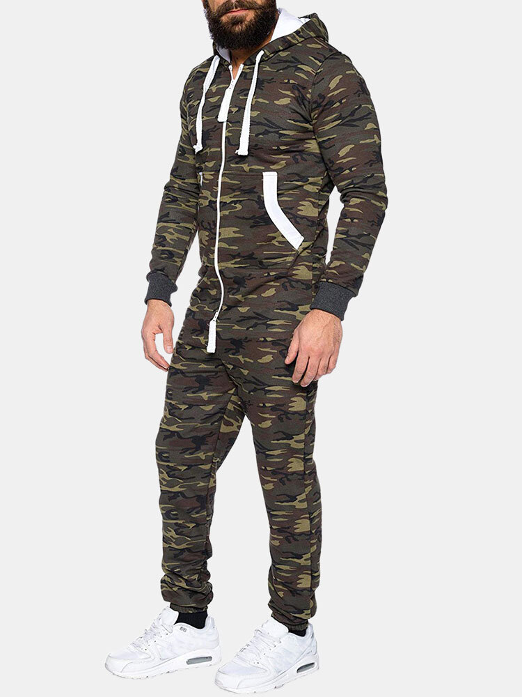 Men Camo Thick Hooded Track Onesies Loungewear Zipper Casual Jumpsuit With Pockets