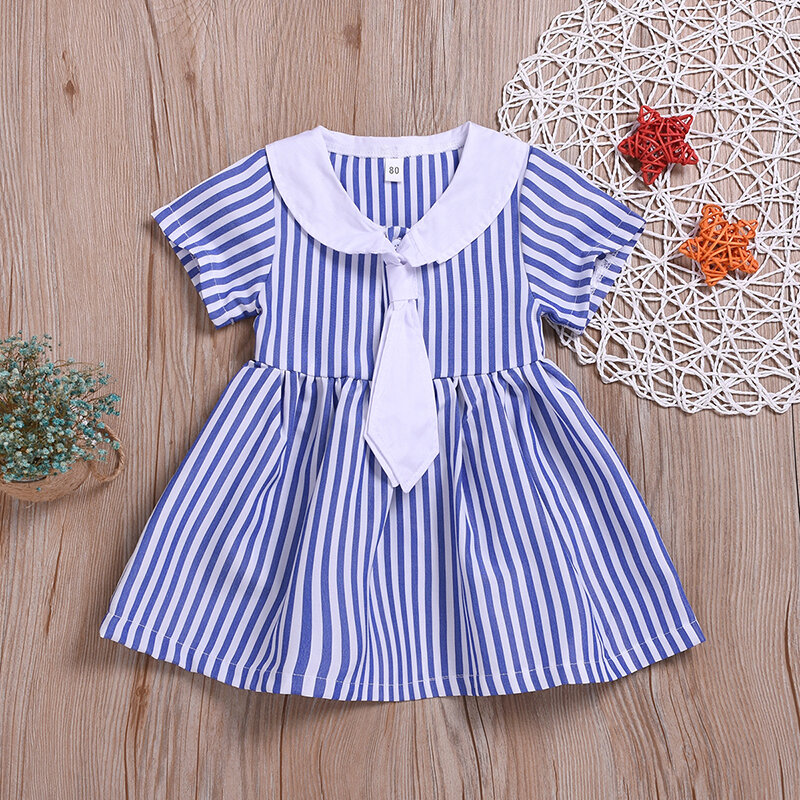Striped Print Girls Navy Blue School Dress For 1-7 Years