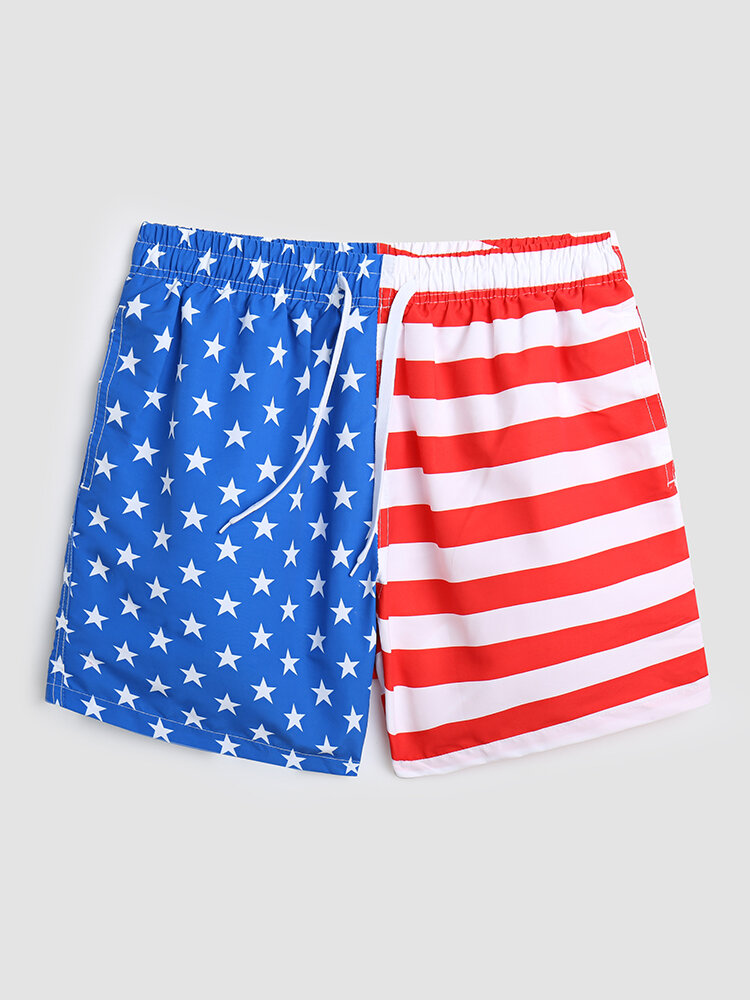 Men Flag Pattern Multi Pocket Mesh Lined Breathable Beachwear Shorts