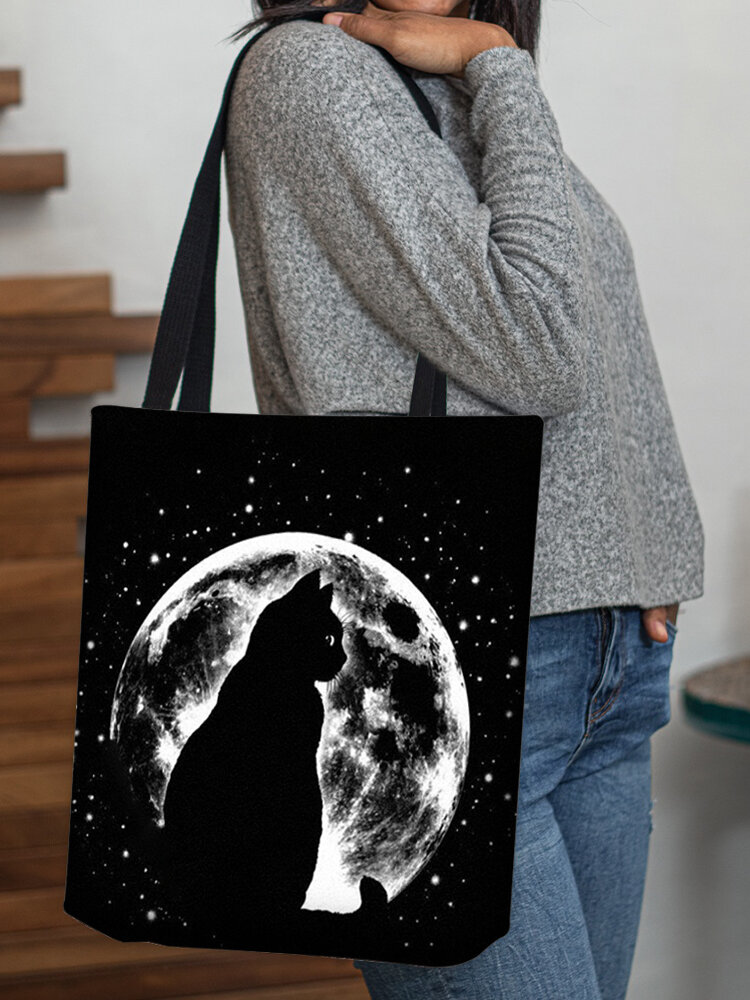 Women Cat Moon Stars Pattern Print Shoulder Bag Handbag Tote