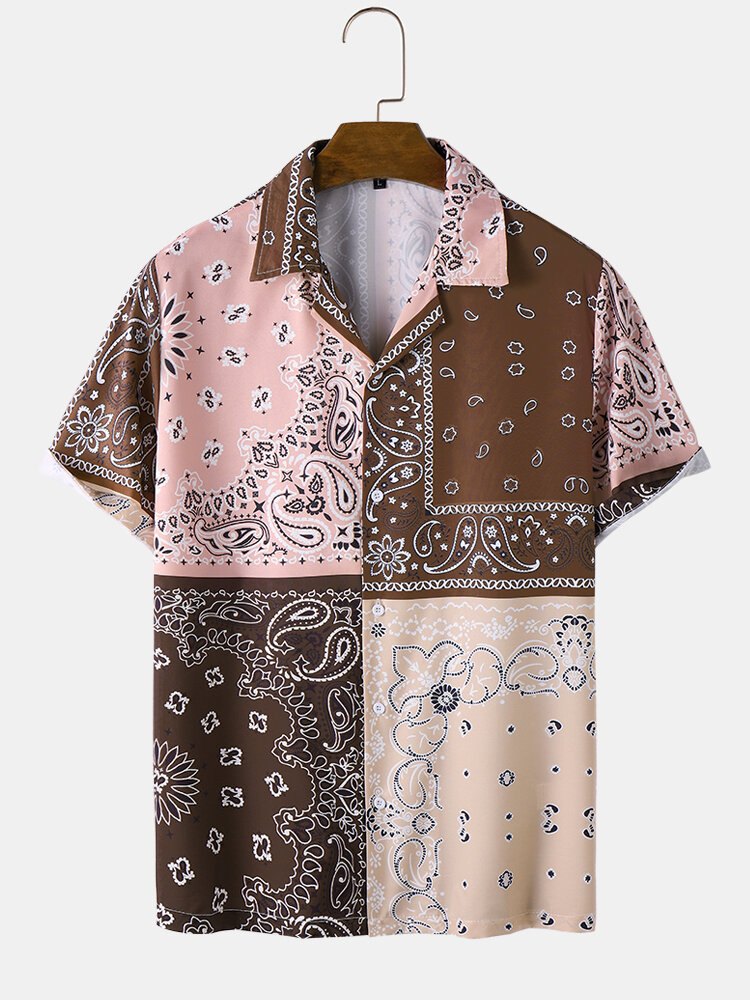 

Mens Ethnic Paisley Print Color Block Revere Collar Short Sleeve Shirts, Brown