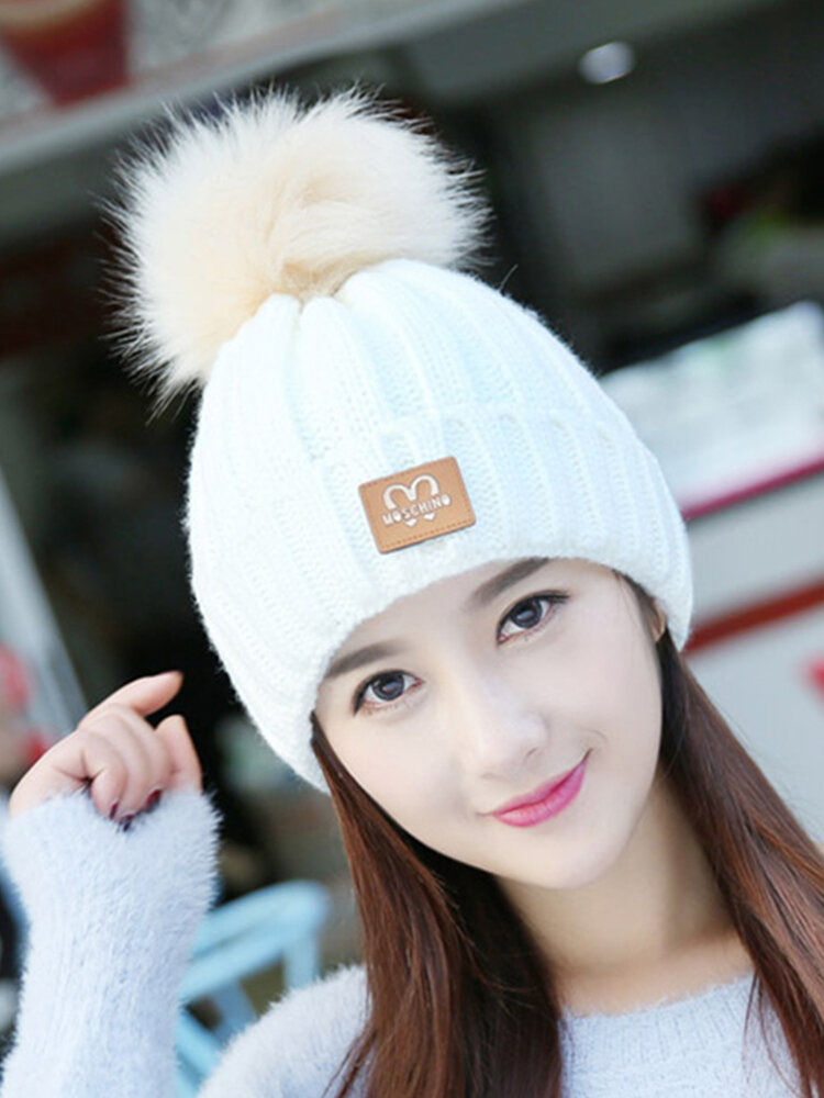 

Women Winter Warm Solid Color Skullies Beanies Hat With Fur Pompom Windproof Ear Warm Knitted Hat, Red;black;white;pink;beige