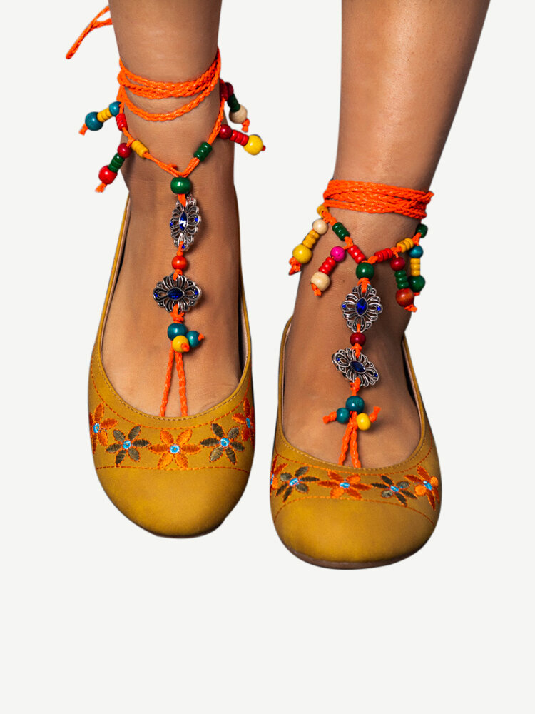 

LOSTISY Exotic Style Embroidered Beaded Chain Yellow Casual Flat Bohemia Shoes