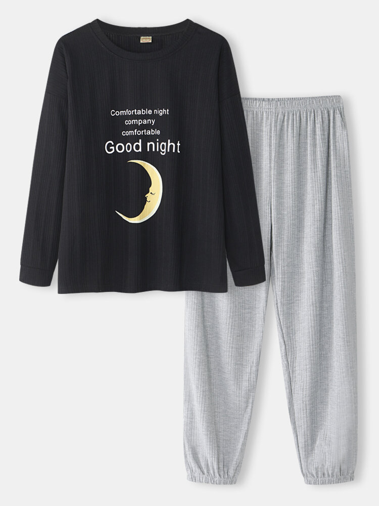 Plus Size Women Rib Moon Letter Print O-Neck Cotton Cuffed Pants Pajamas Sets