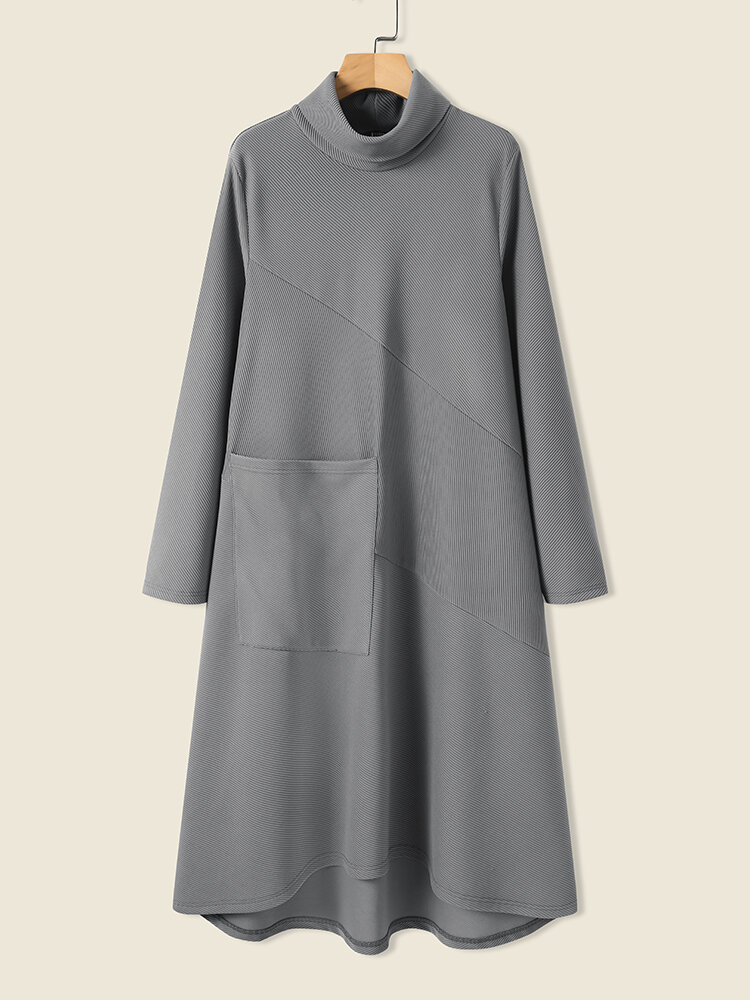 Women Solid Pocket Turtleneck Long Sleeve Casual Dress