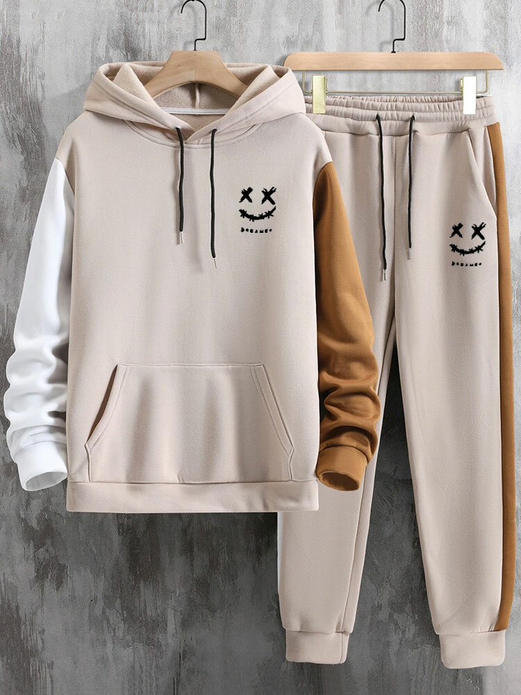 Mens Smile Face Print Patchwork Casual Hoodie Two Pieces Outfits