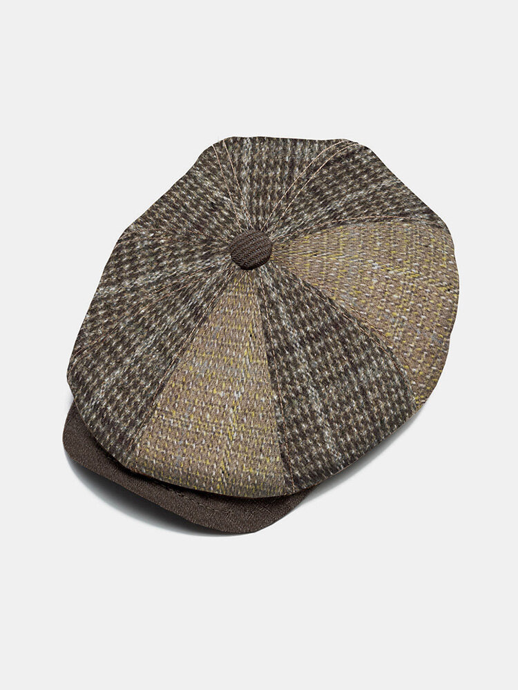 

Collrown Men Knitted Pinstripe Plaid Twill Fabric Hat Brim Vintage Warmth Octagonal Hat Flat Cap