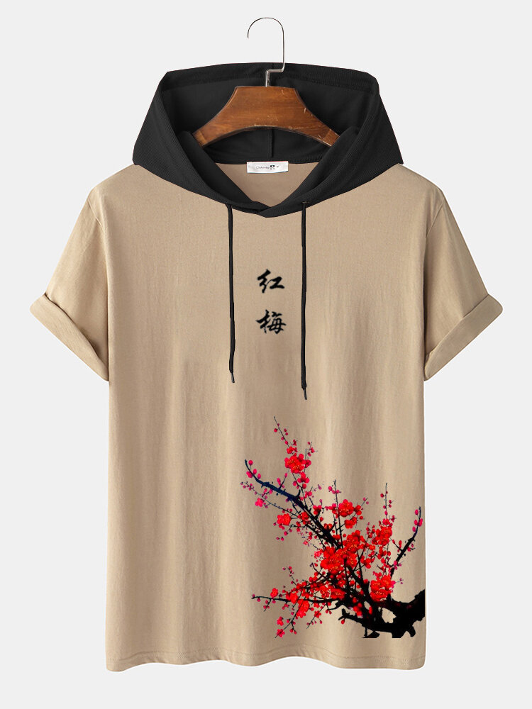 

Mens Chinese Red Plum Bossom Print Short Sleeve Hooded T-Shirts, Apricot