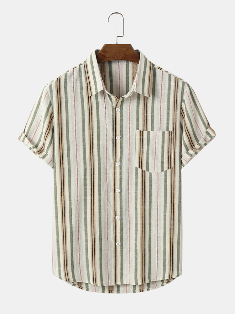 Mens Striped Chest Pocket Lapel Collar Shirts