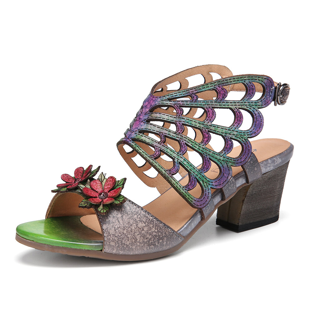 Leather Floral Cutout Butterfly Wings Buckle Slingback Block Heel Sandals