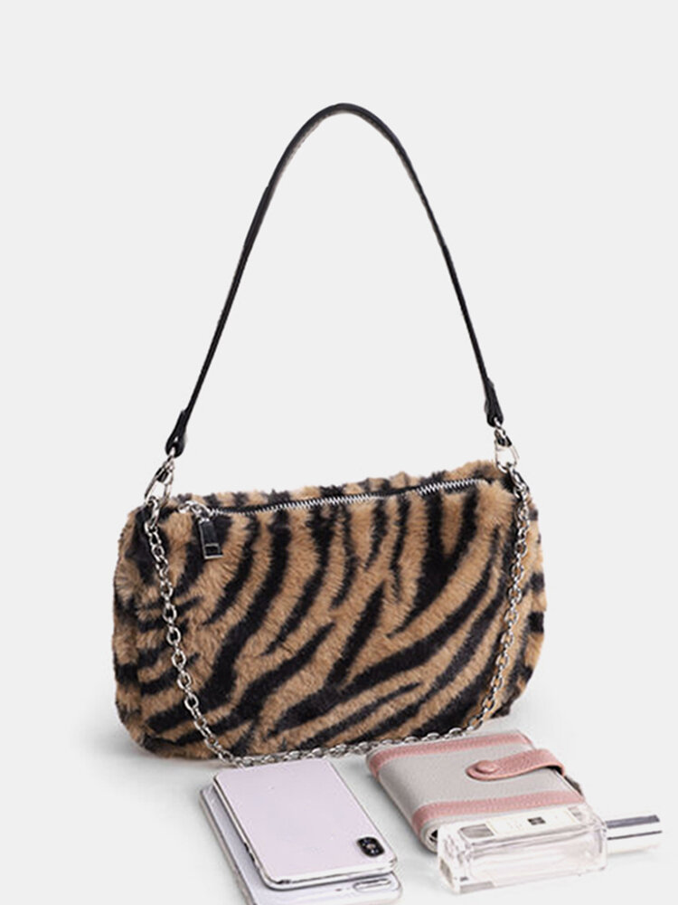 Women Zebra Leopard Pattern Plush Fluffy Chains Shoulder Bag Handbag
