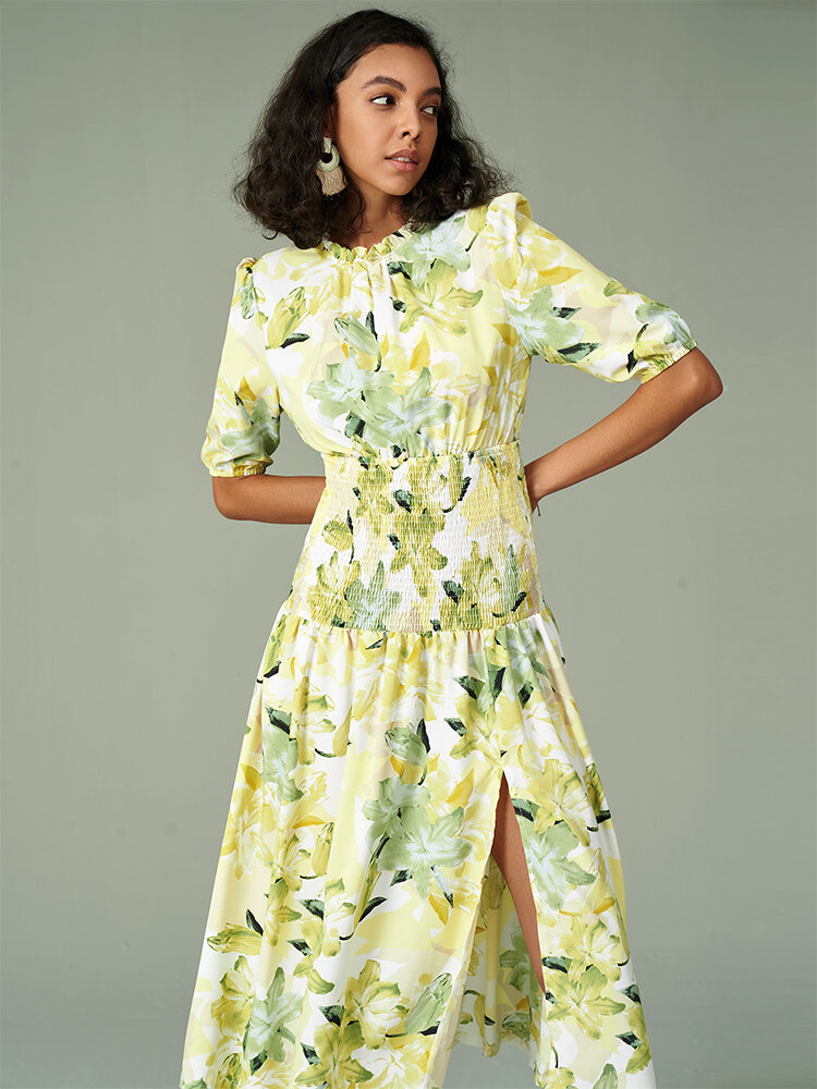Flower Print Shirred Slit Half Sleeve Midi Dress