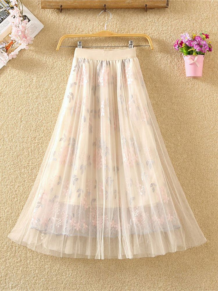 

Flower Embroidery Pleated Mesh Overlay Vintage A-Line Midi Tulle Skirt, Black;apricot;gray;pink