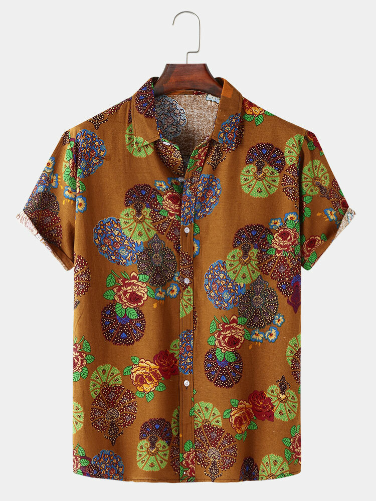 Mens Vintage Floral Graphics Lapel Short Sleeve Shirt