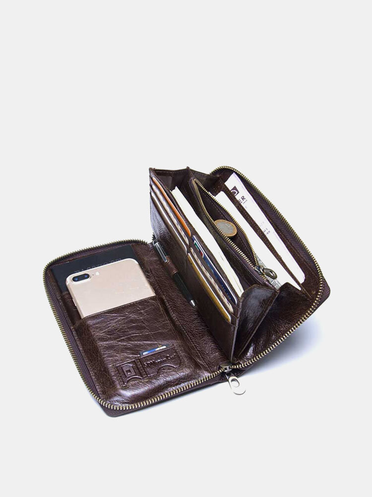 Genuine Leather Business Multi-functional Phone Holder Long Wallet Clutch Bag For Men