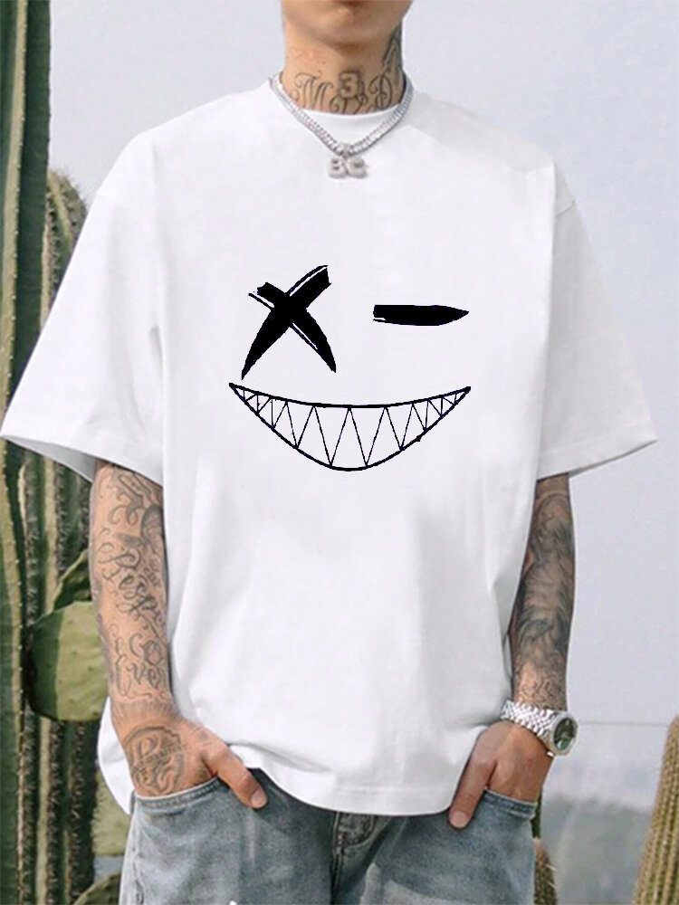 

Mens Funny Smile Face Print Crew Neck Casual Short Sleeve T-Shirts Winter, White