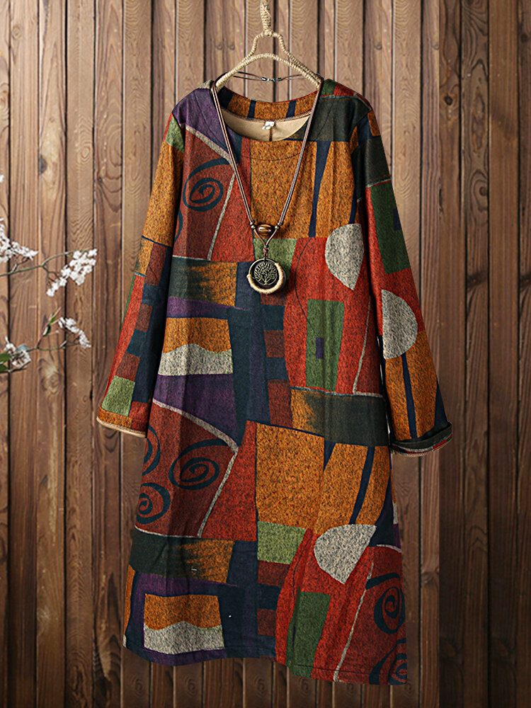 Color Blocks Print O-neck Long Sleeve Vintage Plus Size Dress