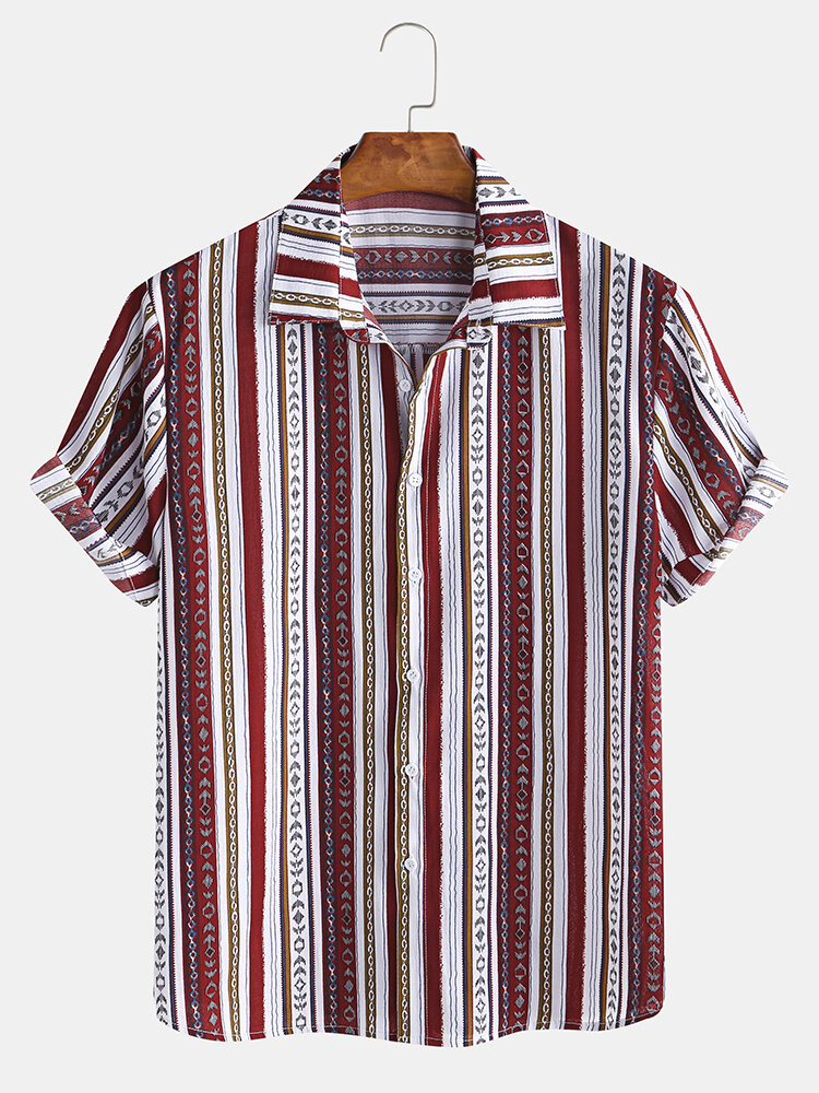 Men Vintage Ethnic Striped Print Short Sleeve Shirt