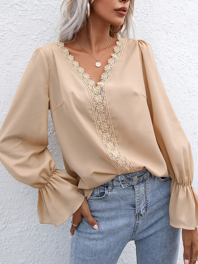 Guipure Lace Solid V-neck Long Sleeve Blouse for Women
