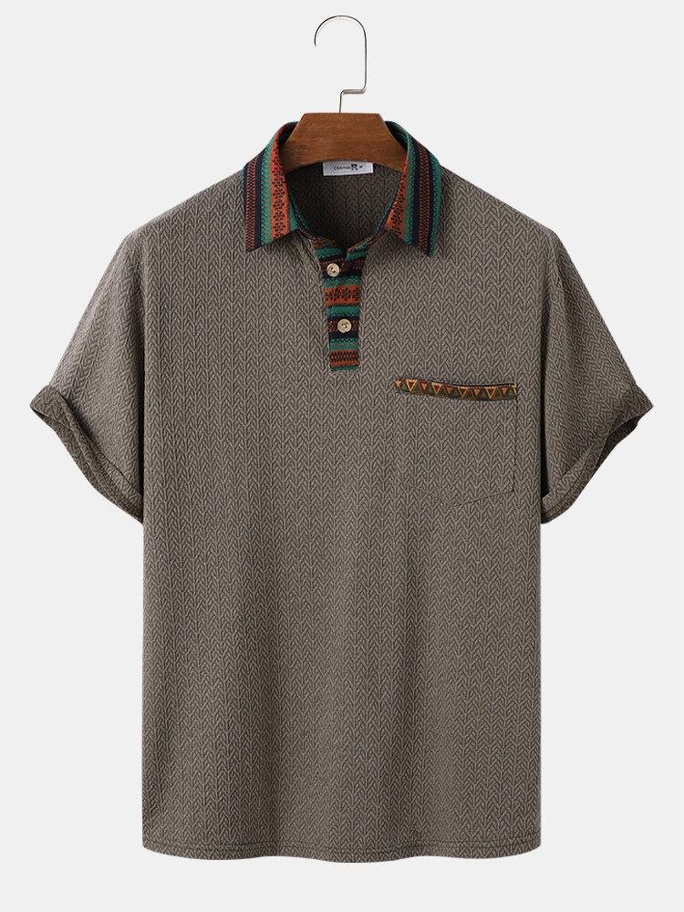 ChArmKpr Mens Ethnic Pattern Collar Texture Short Sleeve Golf Shirts With Pocket