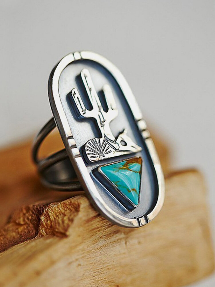 

Vintage Oval-shaped Three-dimensional Carved Cactus Inlaid Turquoise Alloy Ring, Silver