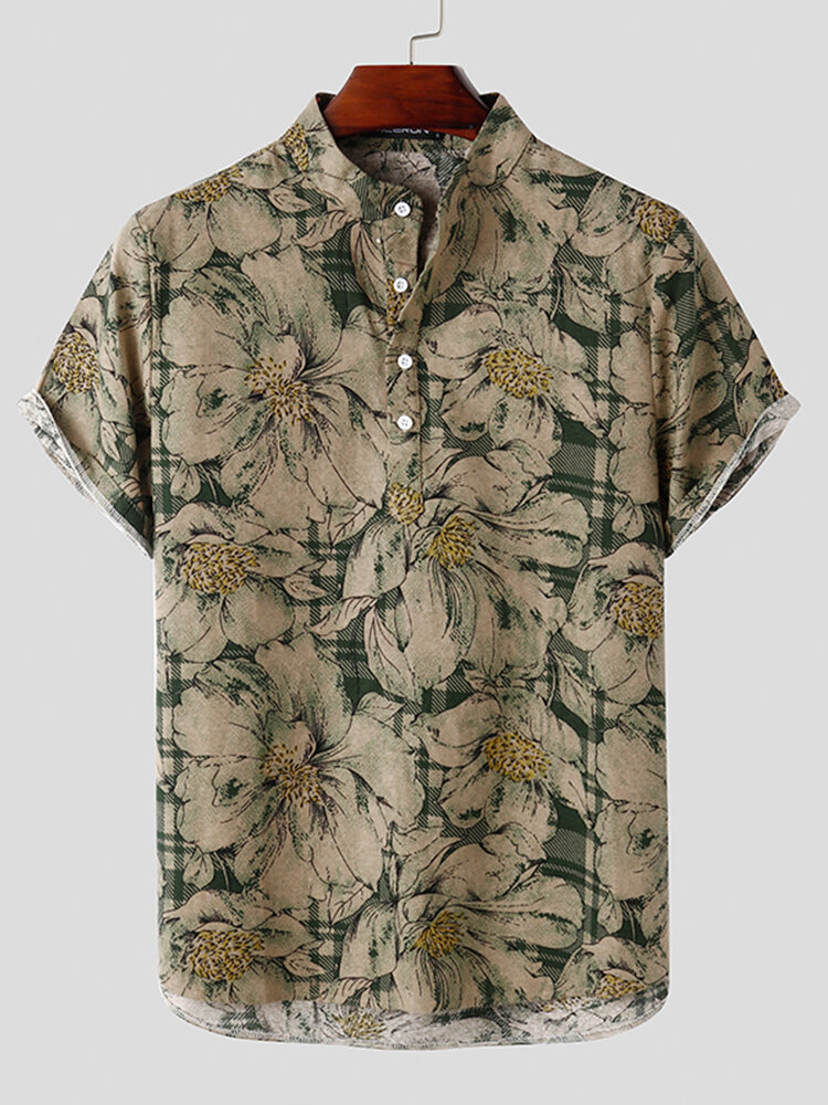 Mens Vintage Floral Print 100% Cotton Casual Gentlemenlike Henley Shirt