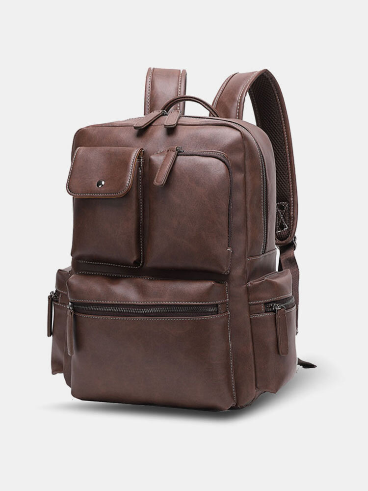 Men Brown Vintage PU Leather 14 Inch Laptop Bag Multi-pocket Backpack