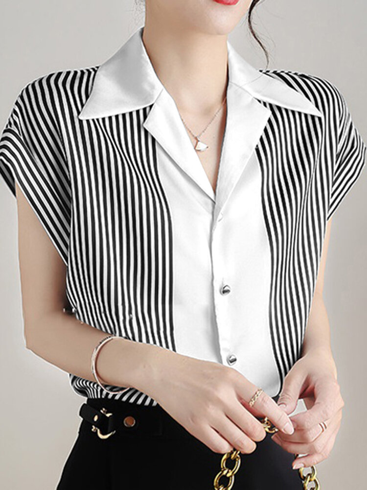 Contrast Stripe Button Front Lapel Short Sleeve Blouse