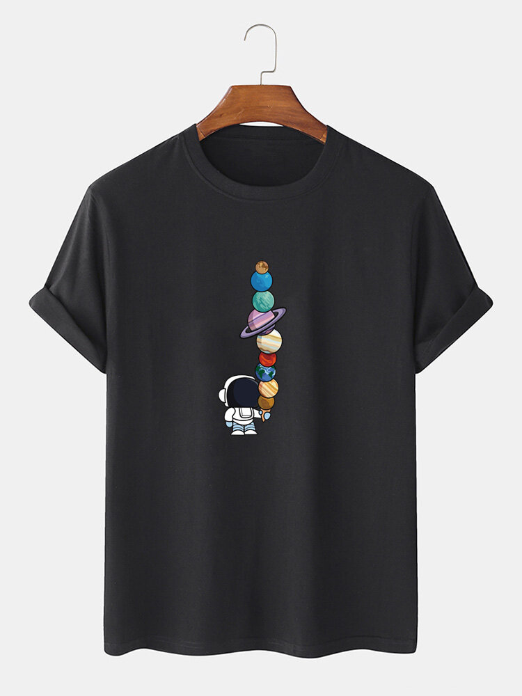 Camisetas finas sueltas con estampado de astronauta de dibujos animados de color sólido 100% algodón para hombre