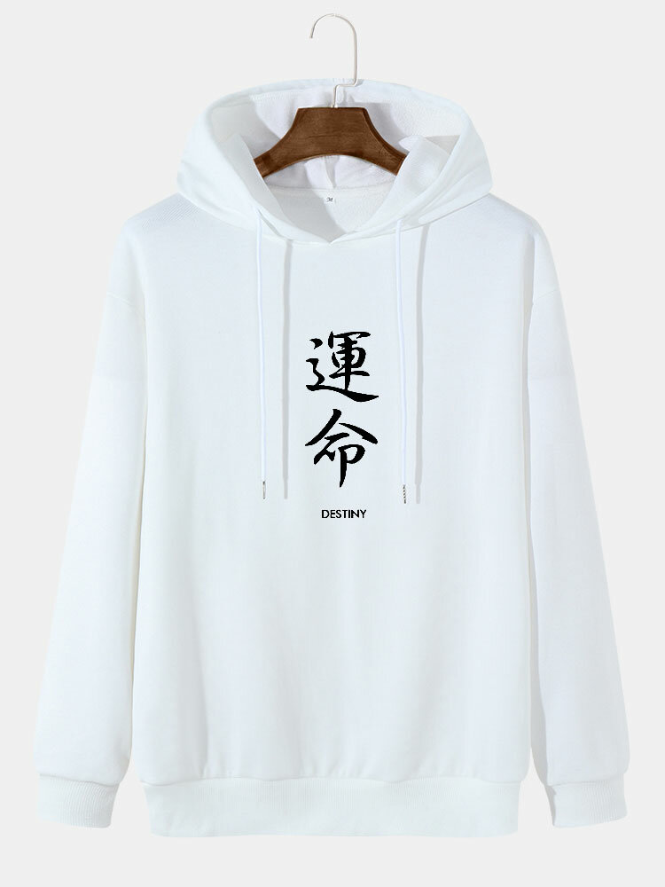 Hoodies masculinos com estampa de caracteres chineses e letras soltas com cordão
