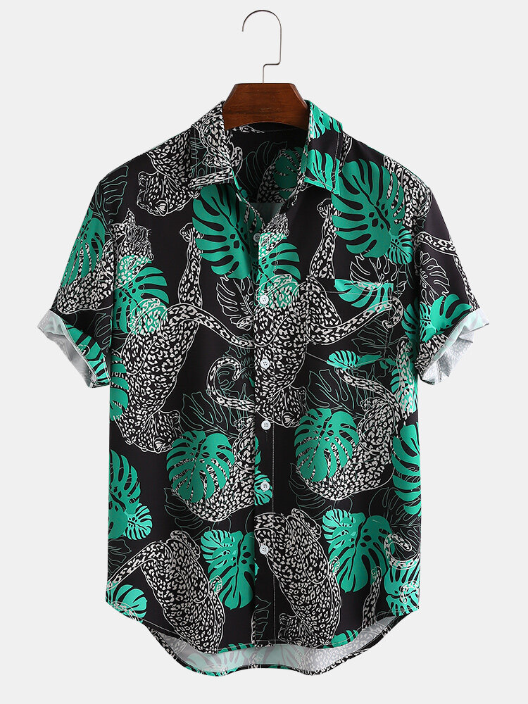 Mens Leopard Mint Green Turtle Leaf Print Short Sleeve Unique Design Shirt