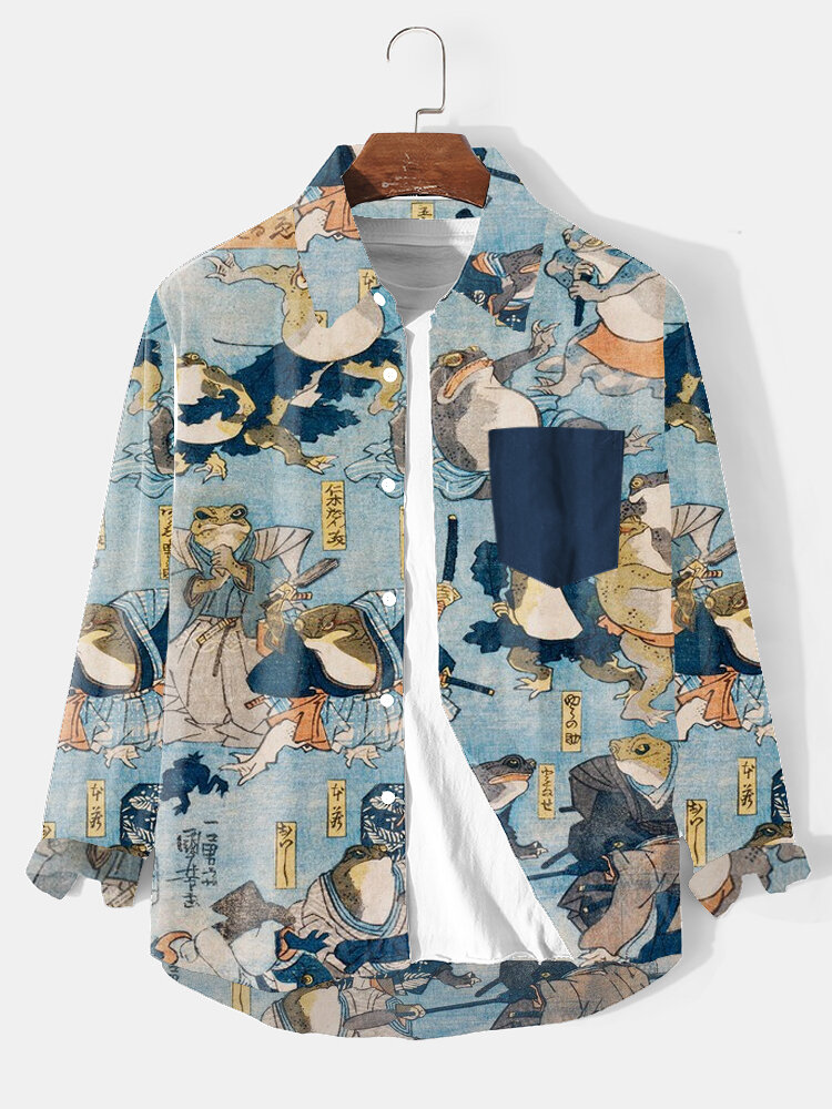 Camisas de manga larga con solapa y estampado de rana japonesa para hombre Invierno