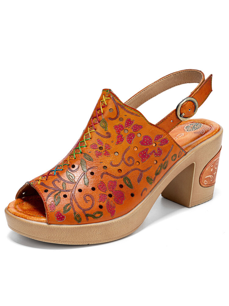 Socofy Genuine Leather Retro Floral Print Comfy Breathable Hollow Stitching Heeled Sandals