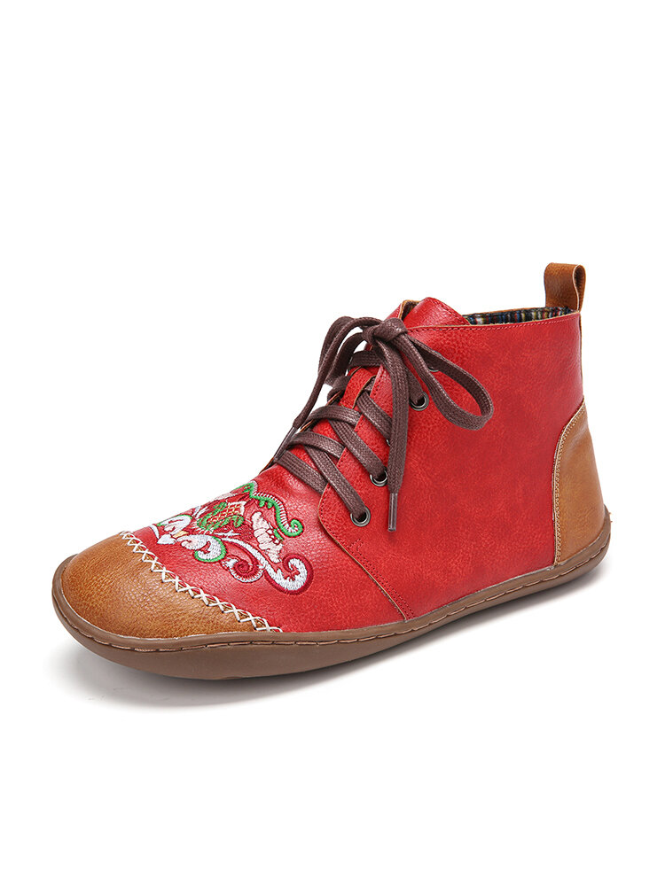 

LOSTISY Women Soft Tribal Embroidered Splicing Leather Hand Stitching Ankle Boots, Black;red