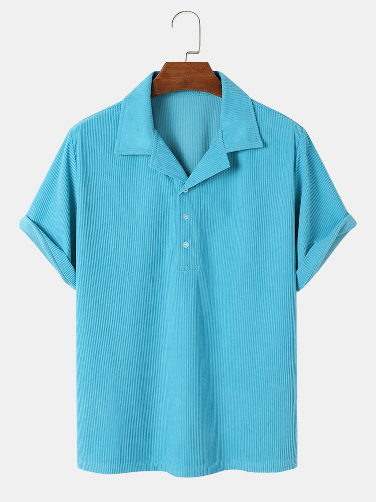Mens Corduroy Revere Collar Solid Casual Short Sleeve Golf Shirts