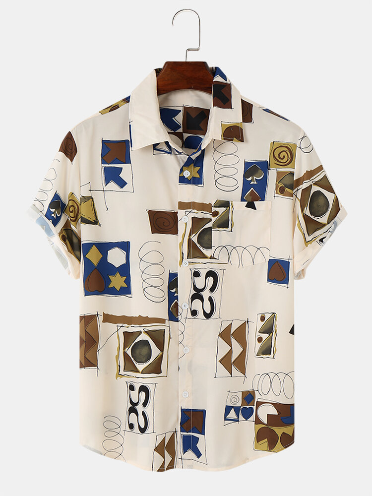 Mens Geometric Graphics Button Up Holiday Short Sleeve Shirts