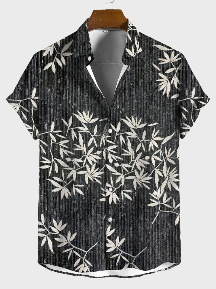 Mens Plant Leaf Print Button Up Short Sleeve Shirts