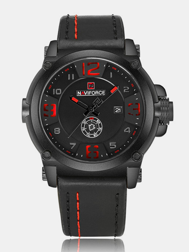 NAVIFORCE Men's Leather Wristwatch Calendar Date Quartz Waterproof Military Wrist Watch