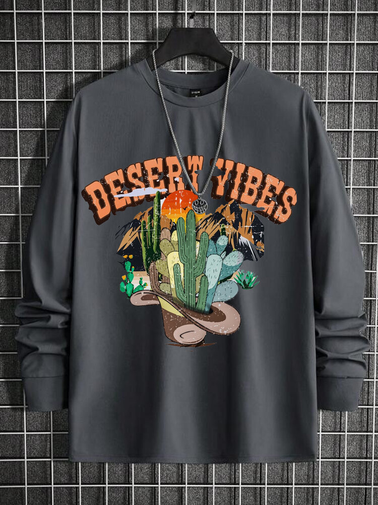 Mens Cactus Desert Print Crew Neck Long Sleeve T-Shirts Winter
