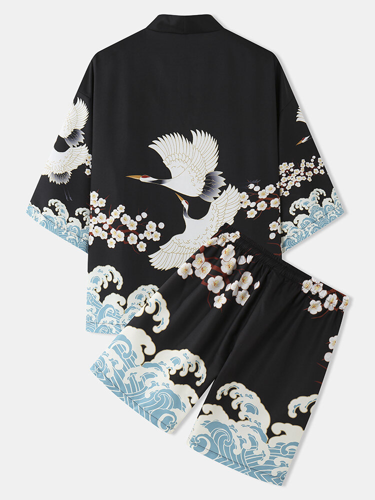 Mens Crane Floral Print Kimono Loose Two Pieces Outfits